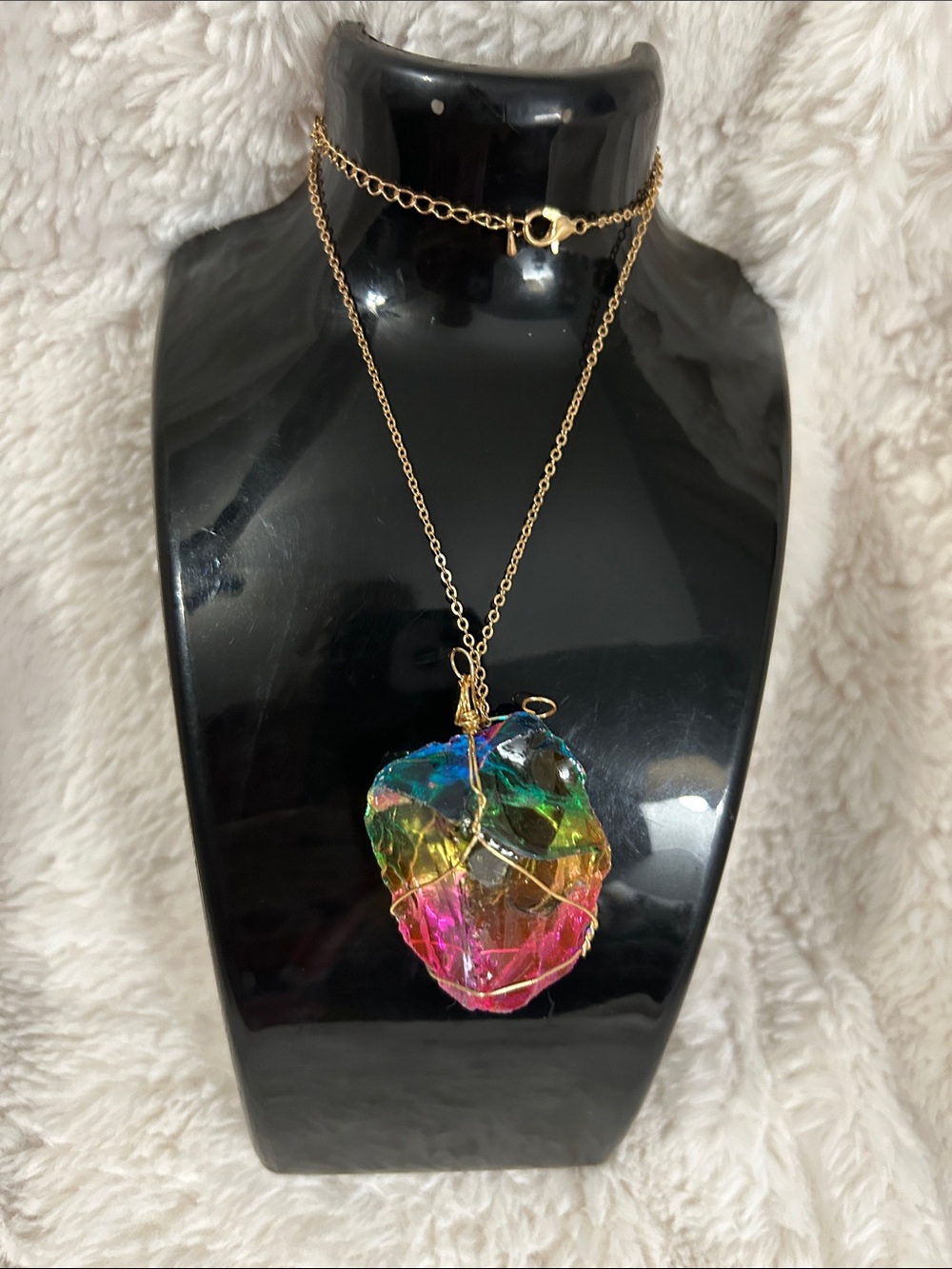 Gold-tone Chain Necklace with Multicolor Crystal Pendant